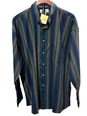 Nantucket Mens Classic Striped Button-Down Long Sleeve Shirt in Navy & Green  XL